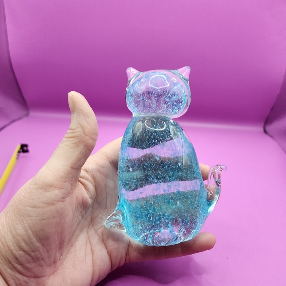 Cat Glass Clear Blue Paperweight 5 Inch Crystal Art Kitty - Picture 7 of 7